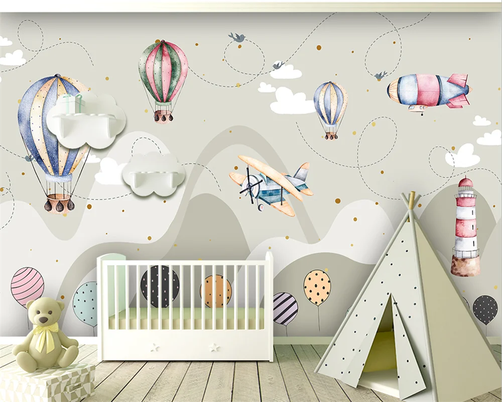 

Beibehang papel de parede Custom modern new bedroom living room cartoon hot air balloon airplane background wallpaper