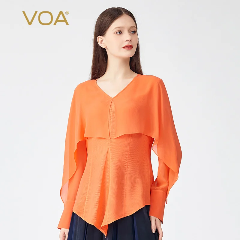 

(Fans Exclusive Discount) VOA Elegant Ruffles V-Neck Silk Female Tops Autumn Shirt Long Sleeves Party Woman Tshirts Chic BE865