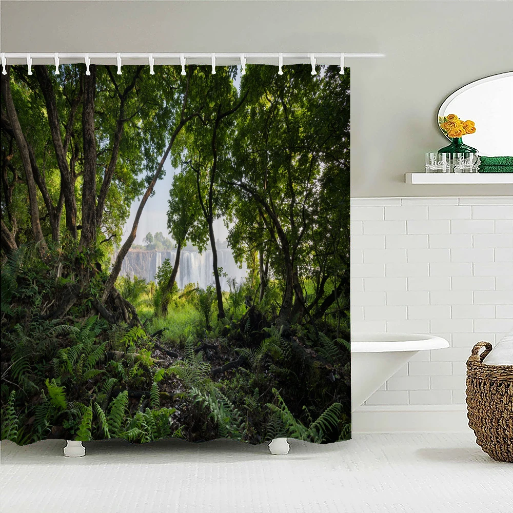 

Тропический тропический душ s джунгли зеленый лес деревья растения река пейзаж, изображение природы декор для ванной комнаты занавеска для ванной