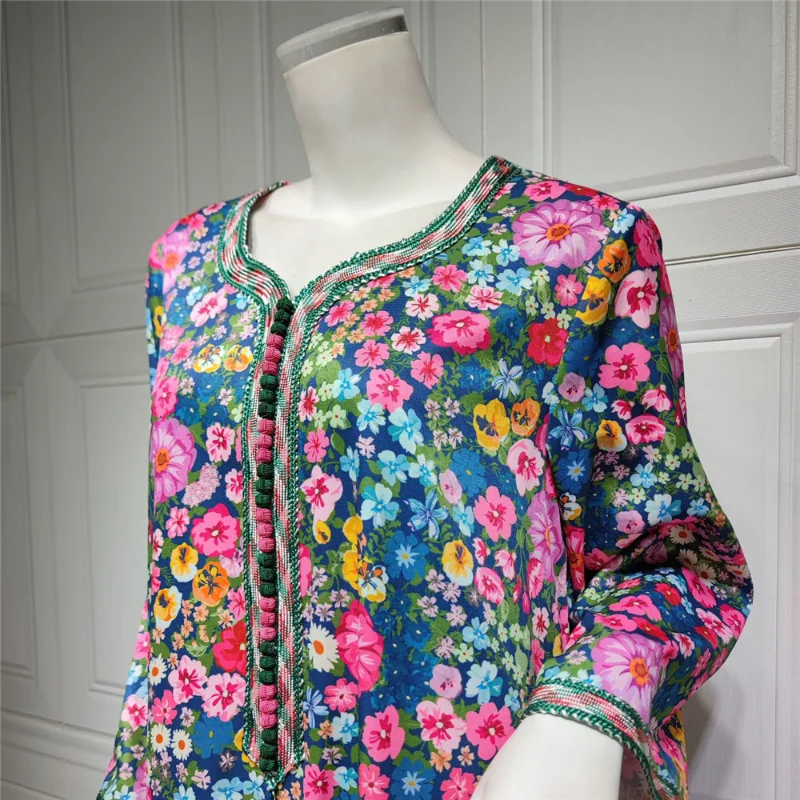 Abayas for Women Vintage Ethnic Print Long Dresses Muslim Maxi Robe Ramadan Arab Dresses Dubai Turkish Islamic Moroccan Jalabiya