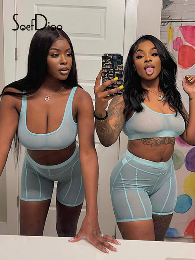 

Soefdioo Mesh See Through Two Piece Set Women Solid Crop Tank Top and Shorts Matching Summer 2022 Sexy Club Outfits