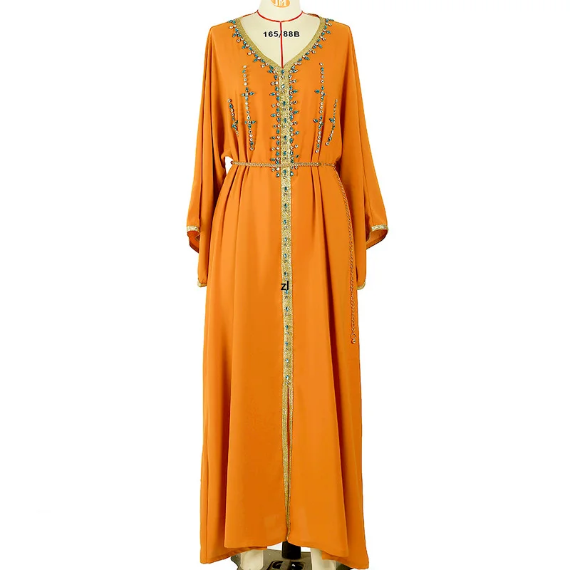 Dubai Hijab Women Dress Light Purple V-Neck Hand Stitched Raglan Sleeve Party Dress 2022 New Kaftan Abayas Djellaba Moroccan Ves