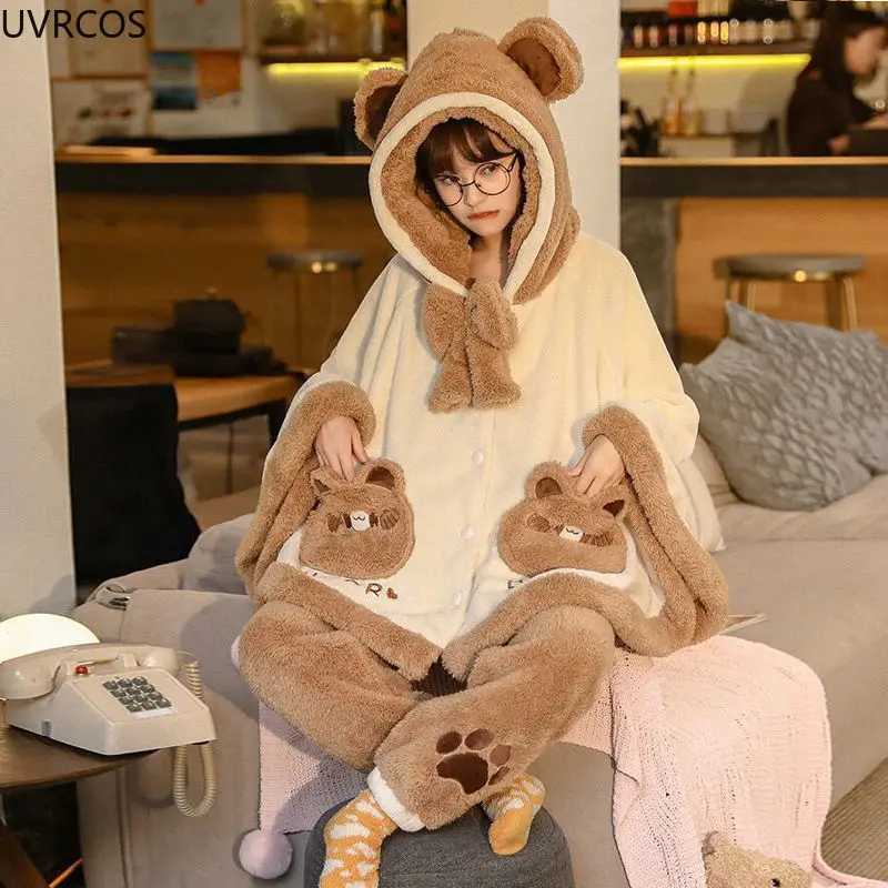 Japan Cute Lolita Pajamas Sets Girls Sweet Bear Ear Hooded Coral Fleece Cloak Sleepwear Women Winter Kawaii Home Clothes Pyjamas