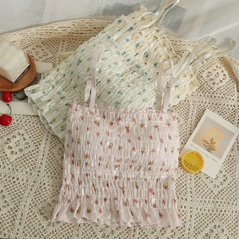 

spaghetti straps floral pleated corset bustier sexy chic tanks and camis fashion tank top strap crop tops summer women clothes