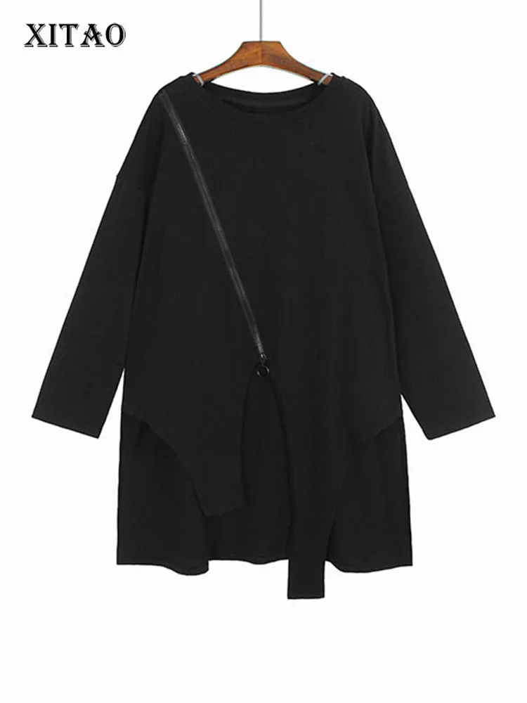 

XITAO Loose Irregular T-shirts Personality Zipper Fashion Trend Street Wind Women Autumn Casual O-neck Long Sleeve Top HQQ1439