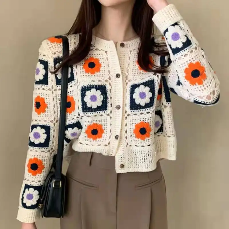 

3D Flowers Shirts Hollow Embroidered Knitted Cardigan Thin Jacket Lazy Retro Long Sleeve Korean Sweaters Pull Fashion Knitwear