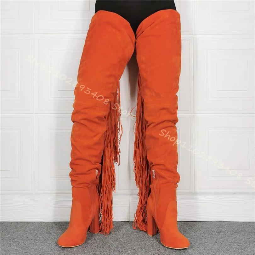 

Женские зимние сапоги выше колена, оранжевые сапоги из флока с бахромой и боковой молнией, на высоком массивном каблуке, с острым носком