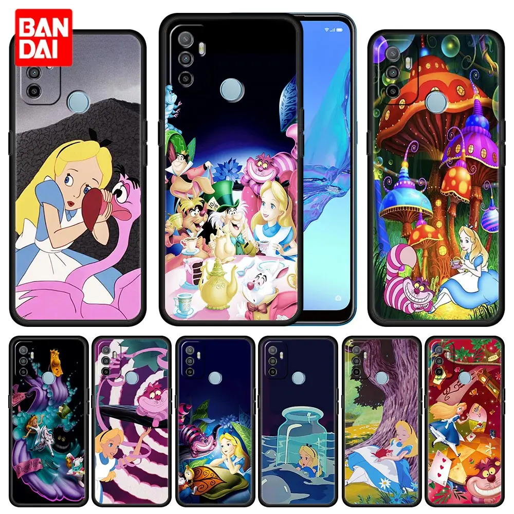 

Alice In Wonderland Cat Case for Oppo A53 A52 A3s A5s A9 A15 A31 A54 A74 A93 A94 F19 Pro 4G 2020 Luxury Black Silicone Bag Cover