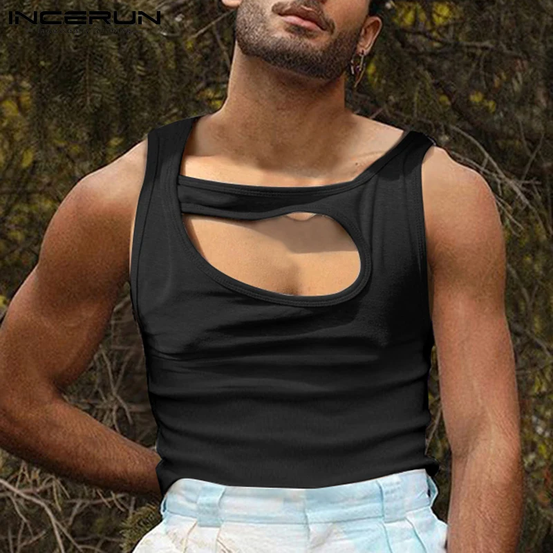 

INCERUN Men Casual Tank Tops Solid Color Streetwear O-neck Sleeveless Hollow Out Fashion Vests 2022 Irregular Men Clothing 5XL