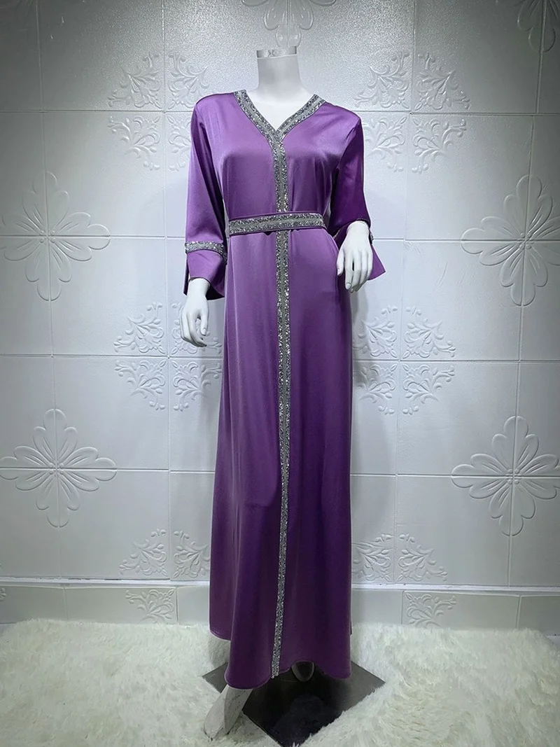 Eid Satin Abaya Dress Jalabiya for Women Elegant Diamonds Belt V Neck Muslim Kaftan Arabic Dubai Turkey Morrocan Clothing Blue