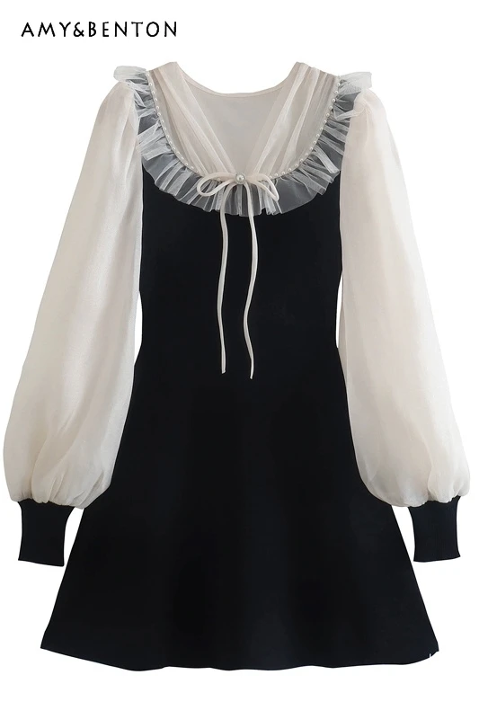 

French Socialist Fashion Stitching Gauze Knitting Dresses Women Autumn Winter New Gentle Elegant Color Matching Slim Mini Dress