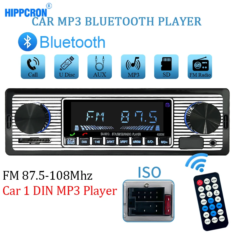 

Hippcron Автомагнитола 1 DIN стерео FM Bluetooth MP3 60Wx4 аудио плеер сотовый телефон гарнитура цифровой USB/SD с In Dash Aux вход