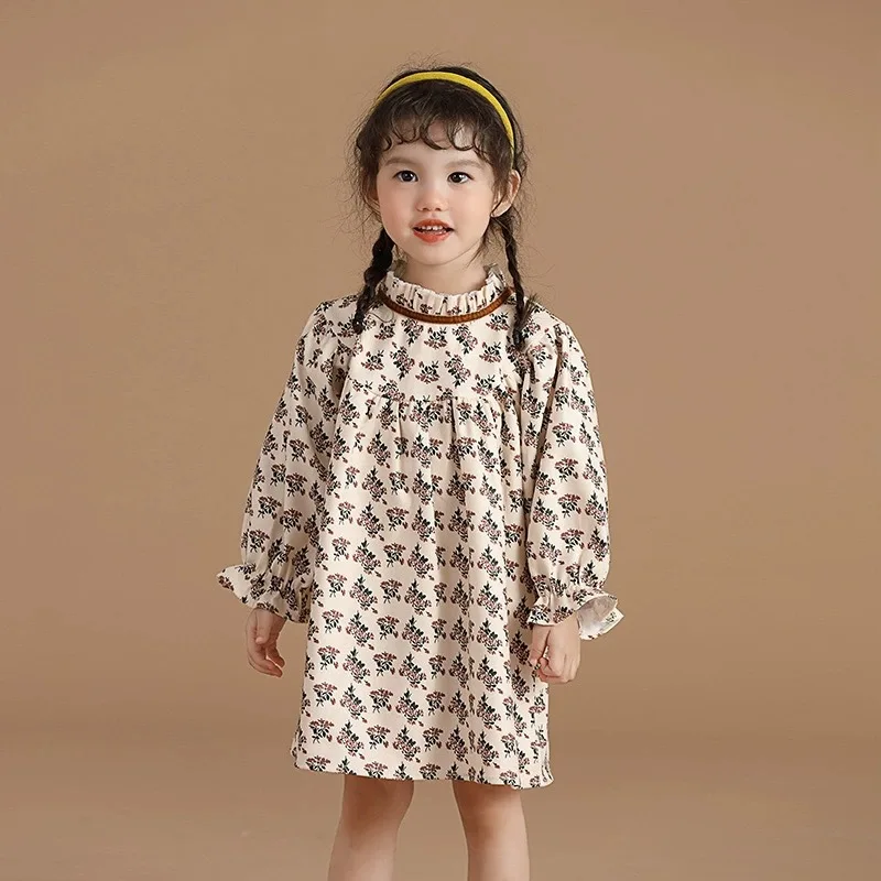 

Girls Long Sleeve Dress Spring and Autumn Girls Korean Version Floral Long Sleeve Lace Collar Dress Vestidos Ropa De Niña