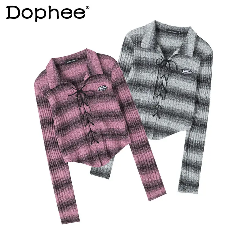 

Design Sense Niche Short Striped Cross Tied Long Sleeves Top Slim Slimming Shirt for Women Spring