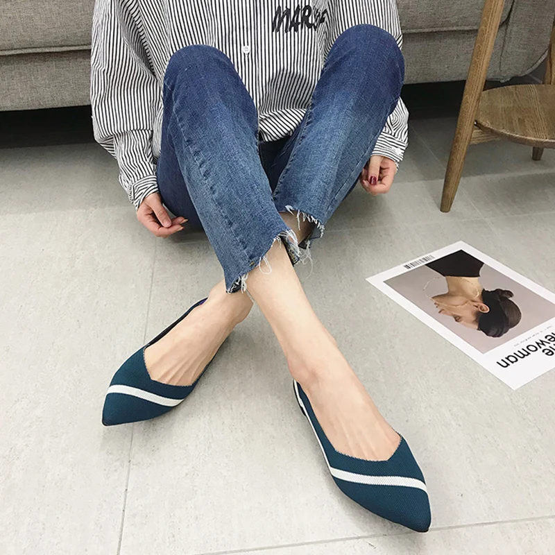 Woman Knit Pointed Shoes Women's Flat  Ballet  Soft Pregnant  Comfortable  Loafers Zapatos De Mujer 43