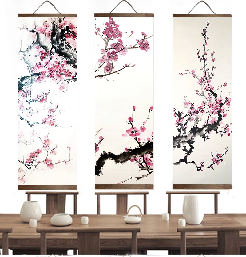 

Nordic Wall Art Canvas Pictures Plum Blossom Landscape Poster Wooden Scroll Hanging Painting Printed Home Living Room Decoration