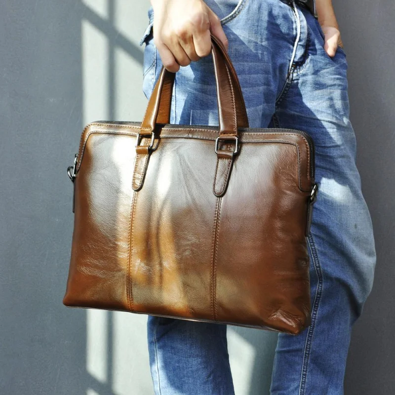 Retro Men Genuine Leather Briefcase Business Handbag High Capacity Laptop Document Bag Korea Office Shoulder Messenger Bag