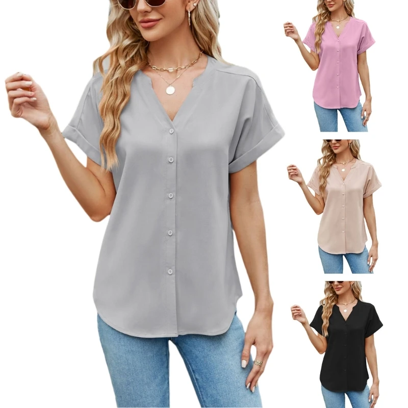 Women Short Sleeve Blouse Button Down Blouse Ice Silk Shirts V Neck Summer Blouses Business Work Blouses Top Shirt 10CE