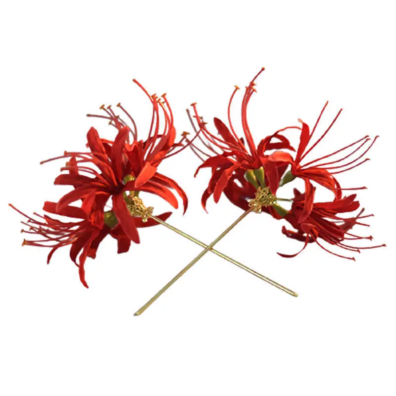 Handmade Red Spider Lily Flower Hairpin Flower Retro Hair Stick Headdress Antique Hanfu Accessories For Women images - 6