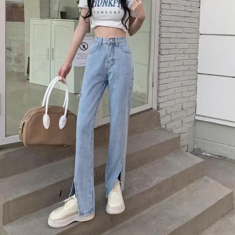 N0985  Slit jeans women's new high-waisted loose-fitting slim trousers mopping long trousers jeans