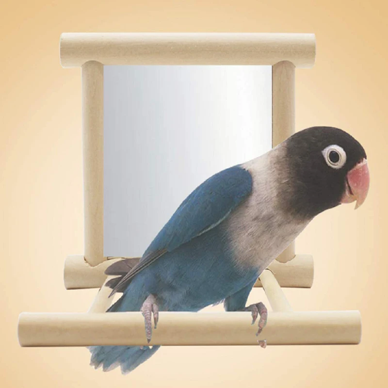 

Creative Parrot Shaped Bird Toy Wood Parakeet Mirror Bird Swing Parrot Cage Toys Household Pet Wooden Budgie Product Accessories