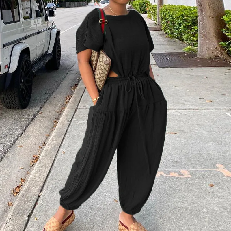 

2023 New Summer Women's Elastic Cotton Linen Fashion Casual Wide Leg Pants Two Piece Set