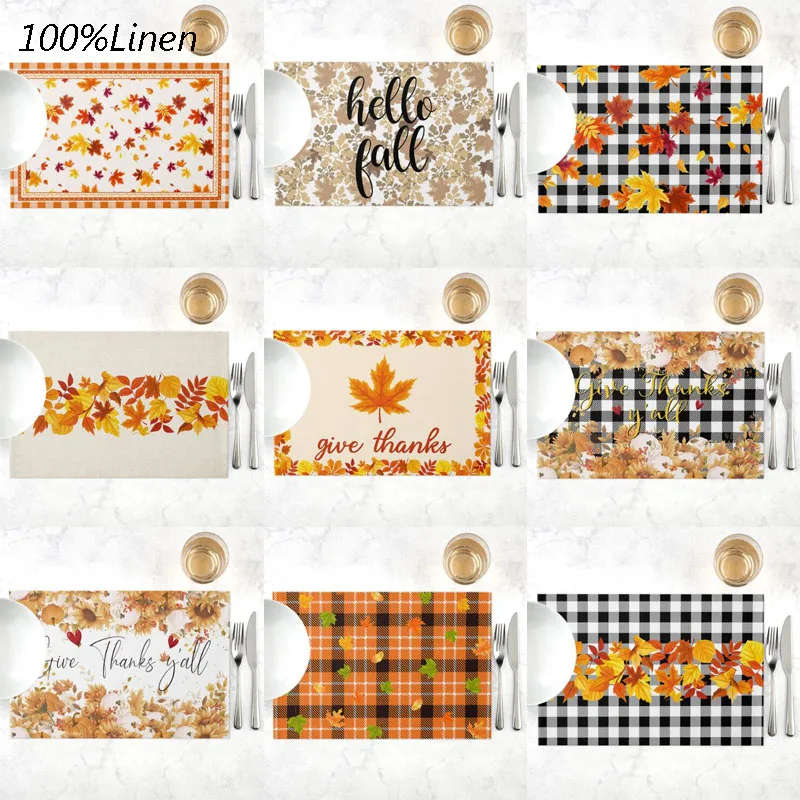 

NEW linen thanksgiving maple leaf Printed table place mat pad Cloth placemat cup dining tea coaster dish doily kitchen