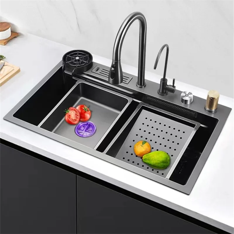 

Embed Knife Holder Big SUS304 Stainless Steel Hidden Flying Waterfall Pull-out Faucet Single Bowl Kitchen Sink With Cup Washer