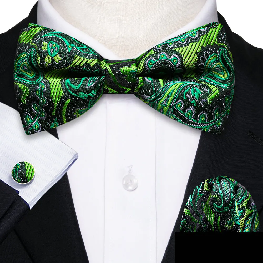 

Leaf Green Bowtiw Set For Men Classic Silk Butterfly Paisley Handkerchief Cufflinks Woven Sets Groom Wedding Designer Barry.Wang