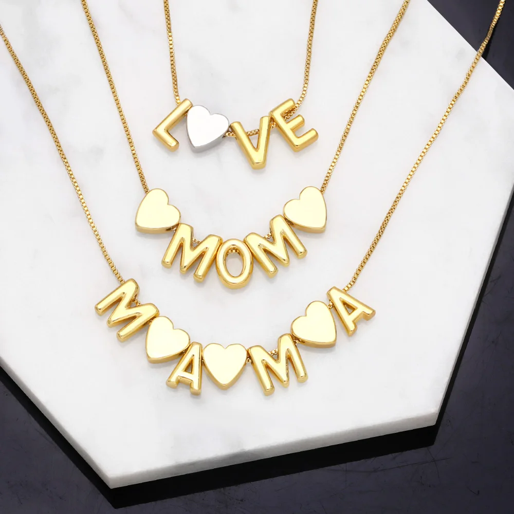 

FLOLA New Design Polished LOVE Heart Necklace for Women Copper Gold Plated MOM MAMA Necklace Mom Jewelry Gifts nkeb219
