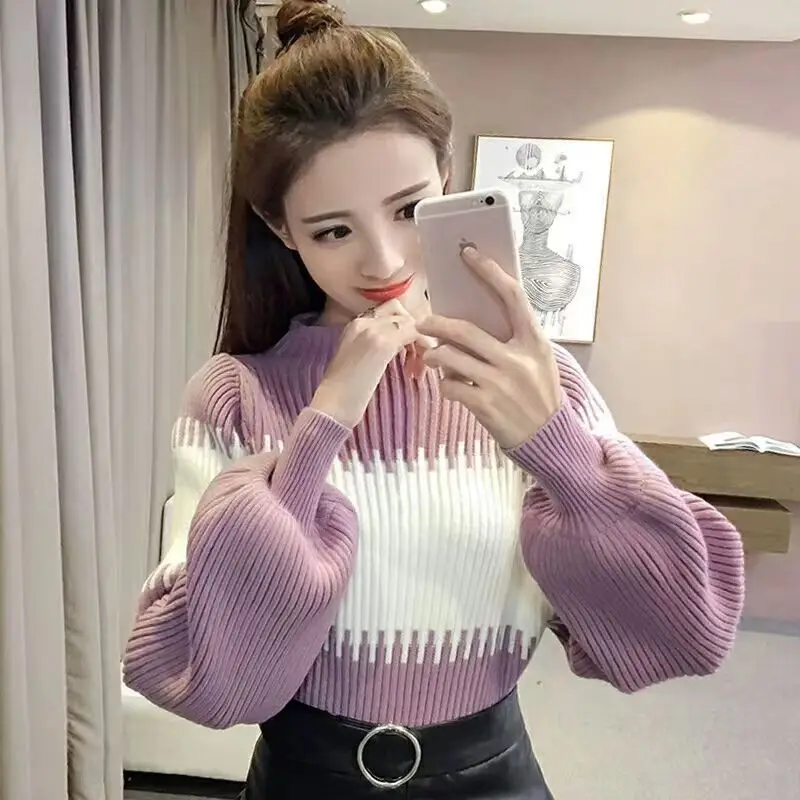 

Женская осенне-зимняя одежда Корейская версия Модный повседневный свободный свитер с круглым вырезом Топ женский пуловер свитер с рукавам...