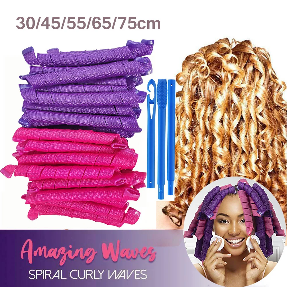 

12pcs Magic Hair Curlers 30cm Spiral Curls Styling Kit No Heat Wave Hairs Curlers DIY Hair Rollers Wave Styles with Style Hooks