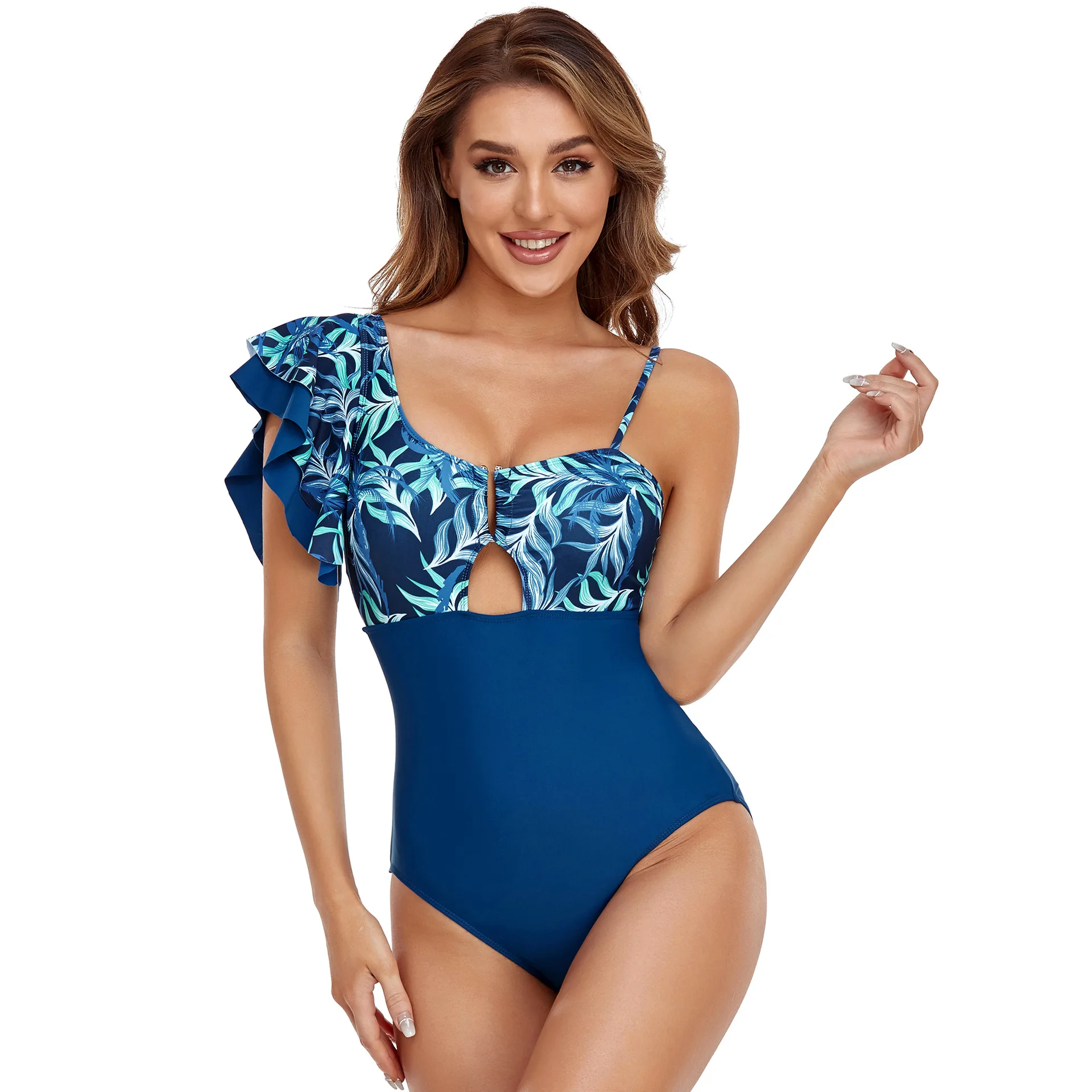 Summer New Splicing One-Piece Swimsuit Swimsuit Sexy One Shoulder Lotus Leaf Swimsuit Beach Outfits for Women