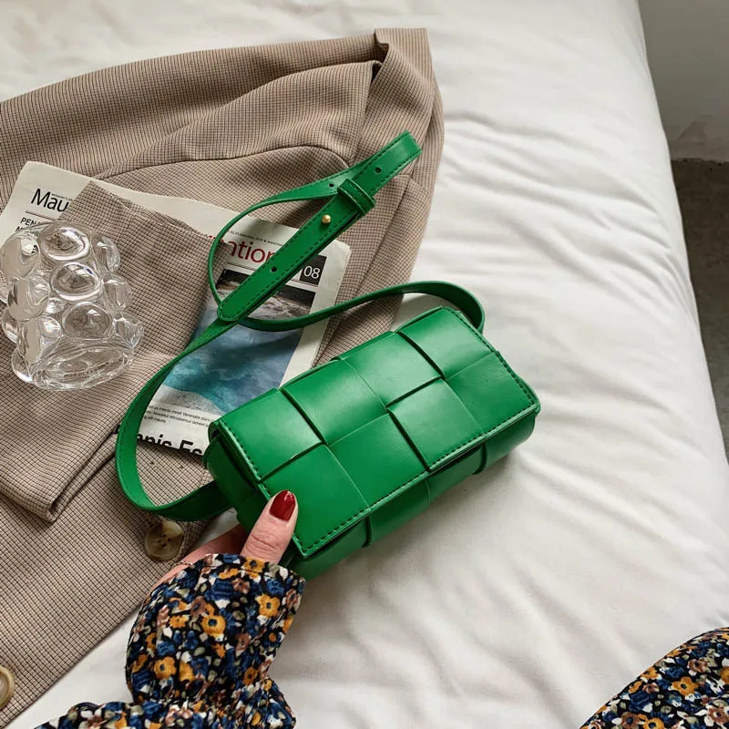 

Leather Woven Small Waist Bags For Women Luxury Brand Bag Luxury Weave Cassette Waist Belt Bag 2021 Trend Chest Pouch Female