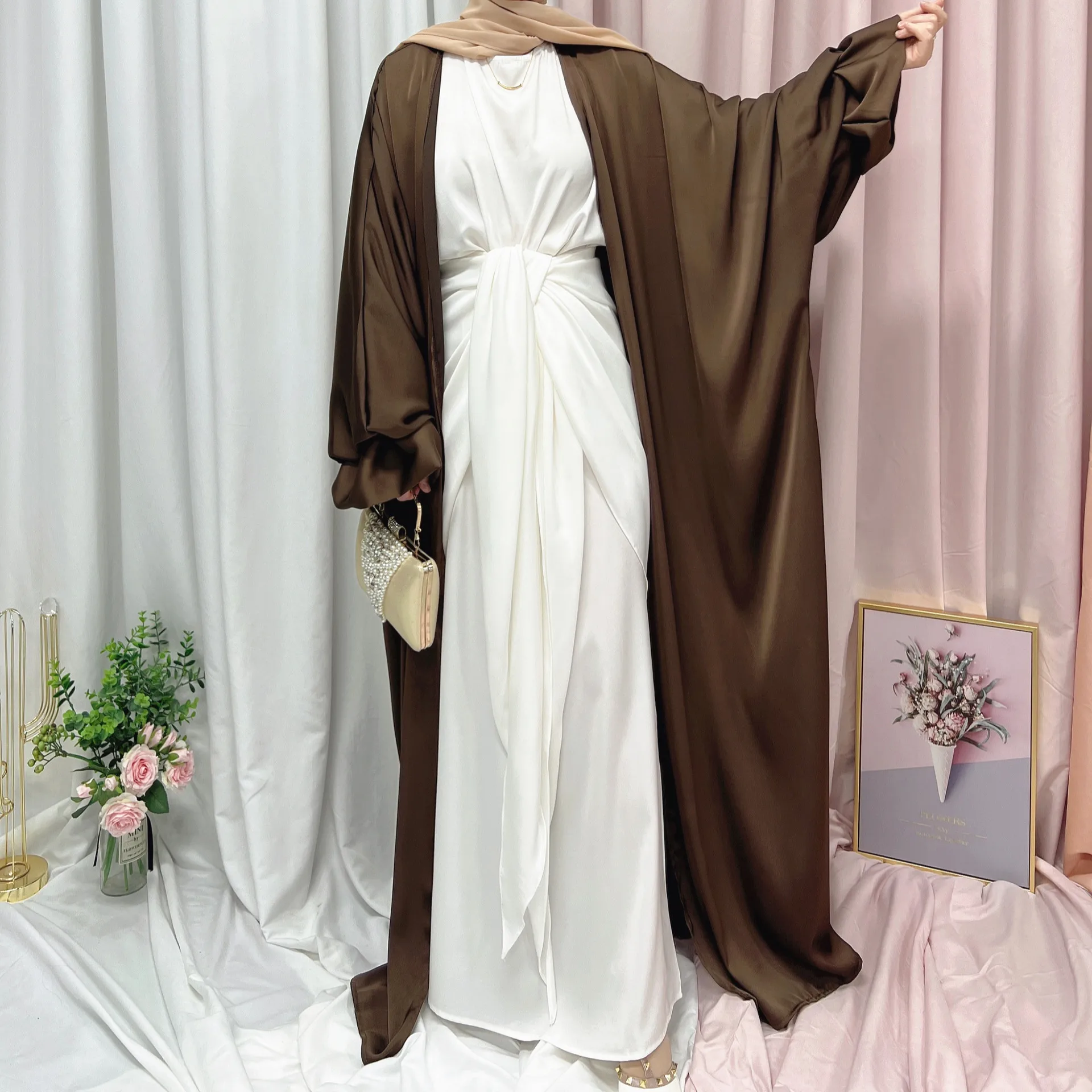 Muslim Women Open Abaya Luxury Robe Puff Sleeve Ramadan Dress Kimono Clothes Turkey Iran Dubai Ramadan Islamic Turkish Girl Wear
