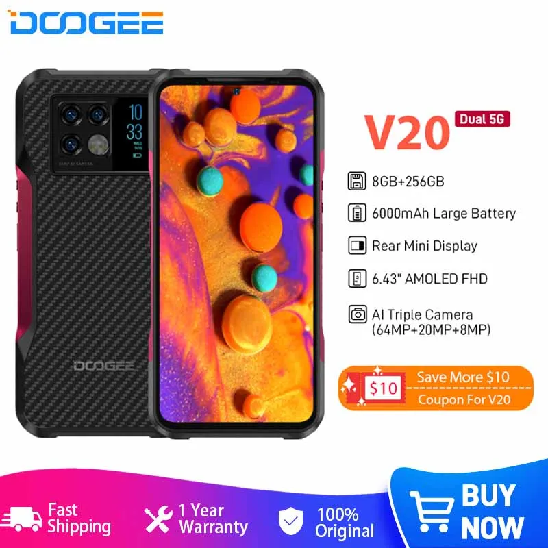 2022 World Premiere DOOGEE V20 The First Truly 2K Display Rugged Phone Rear Mini Display 8GB 256GB AI 64MP Camera Smartphone