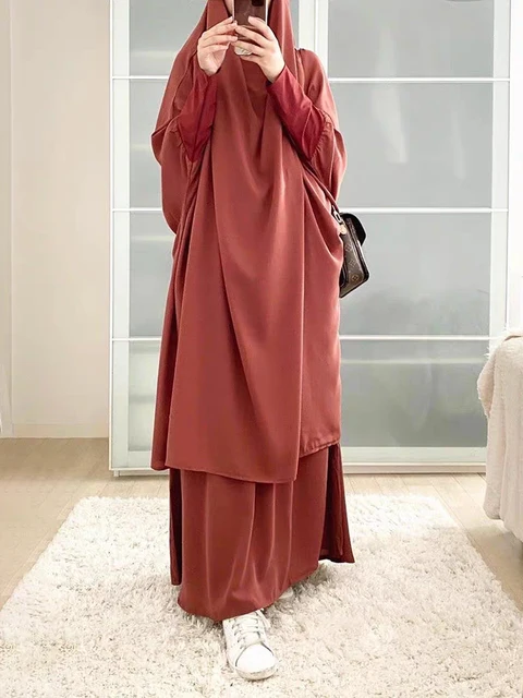 Women 2 Piece Set Hooded Muslim Dress Eid Prayer Garment Jilbab Abaya Long Khimar Full Cover Ramadan Gown Abayas Islamic Cloth 3