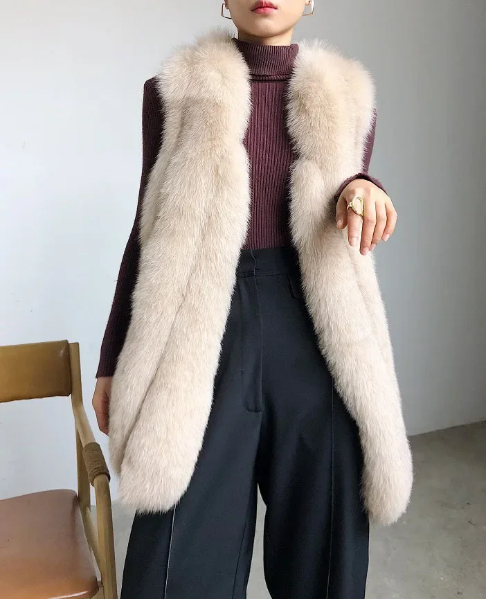 Мягкий и густой жилет из натурального лисьего меха для женщин модный длинный