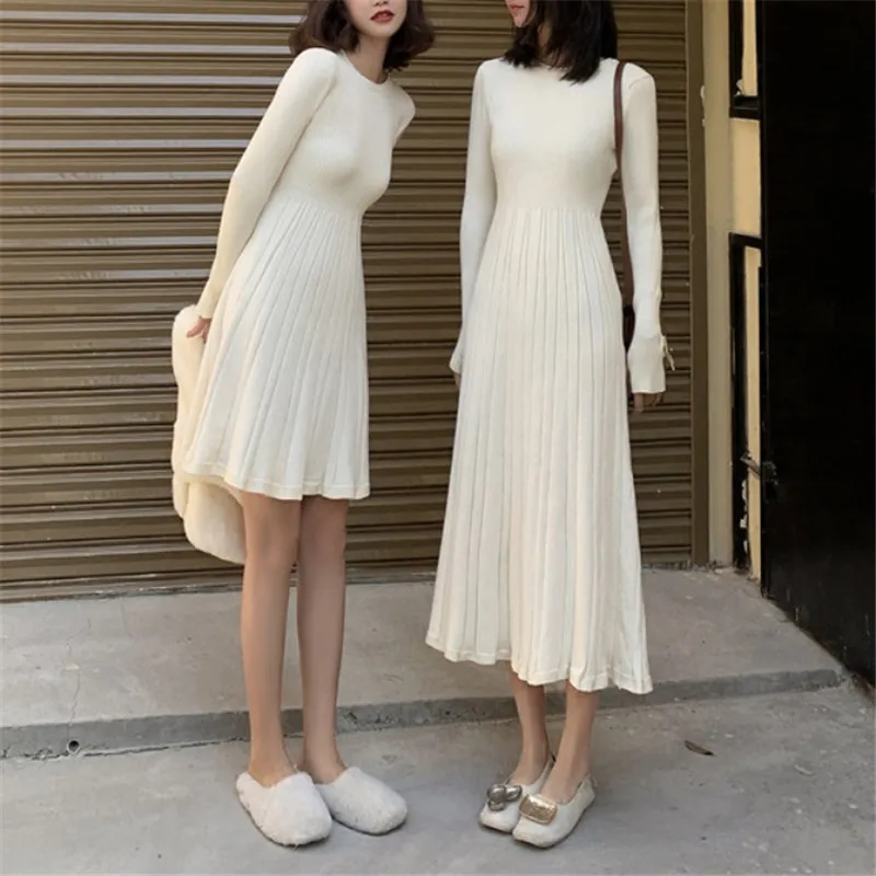 

Long Sweater Skirt New Fall Vintage Knit Dress O Neck Elegant Lady Long Sleeve A-line Dress Black Apricot slim Bottoming Dress