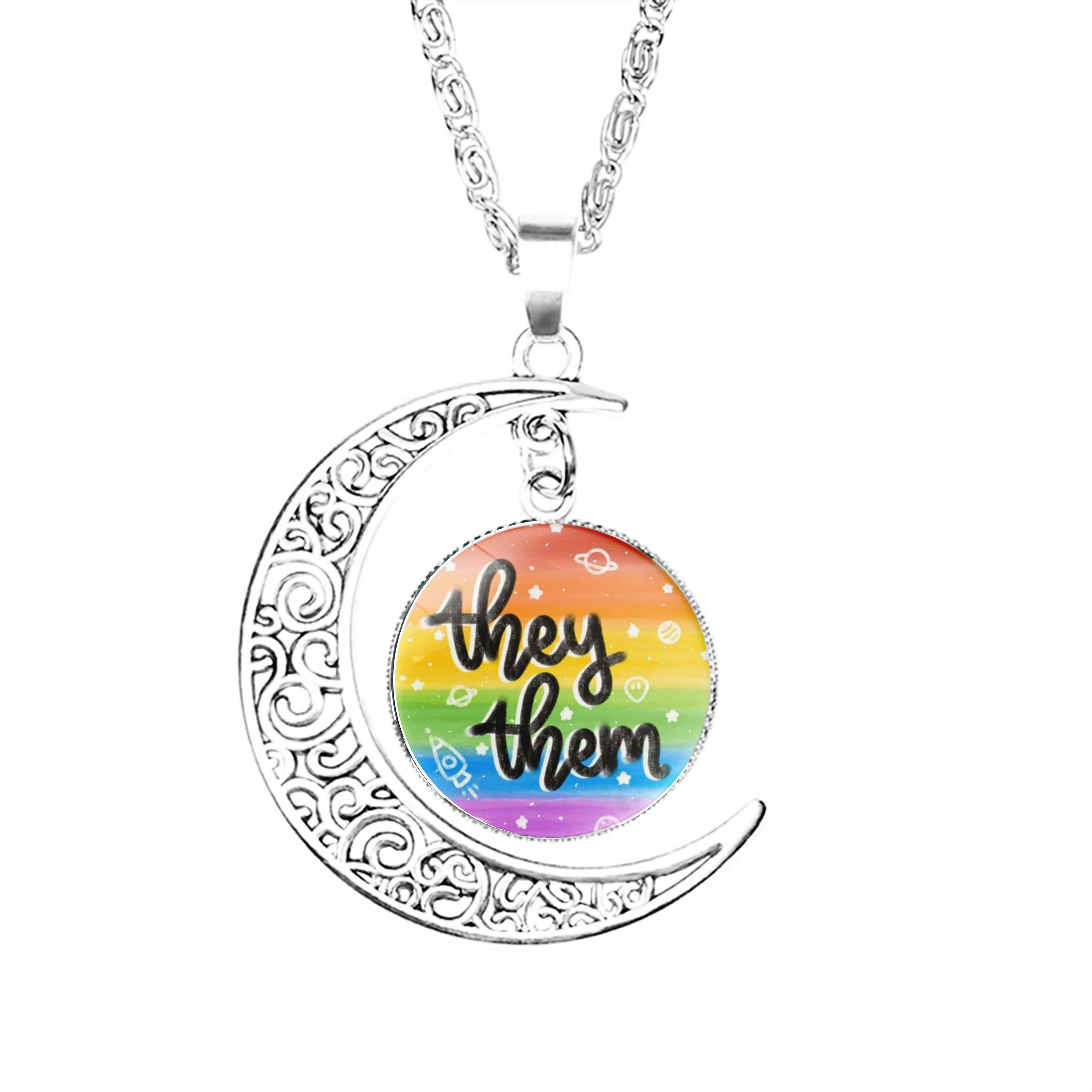 

Rainbow Pronouns They Them Moon Necklace Women Pendant Lovers Stainless Steel Jewelry Dome Crescent Lady Gifts Girls Men Glass