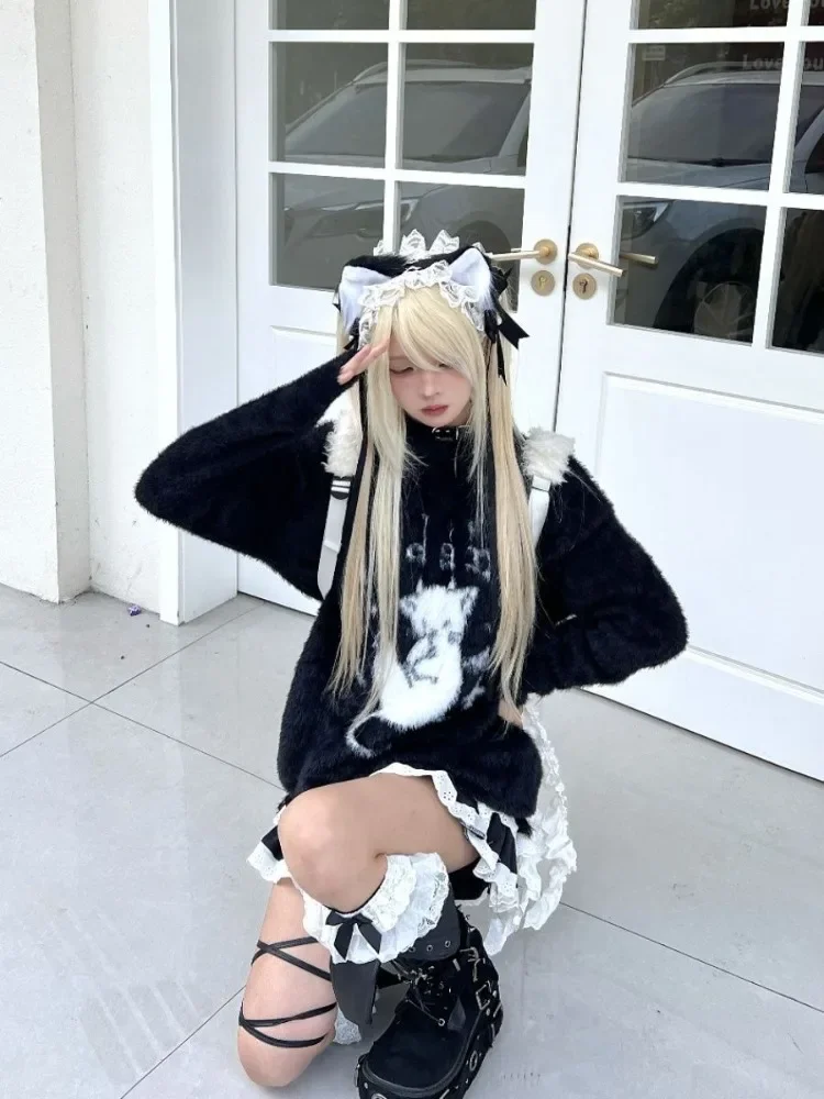 Фото Harajuku готические повседневные вязаные джемперы большого размера в стиле гранж свитер с героями мультфильмов модный трикотаж Y2k эстетический свободный пуловер Balack №4