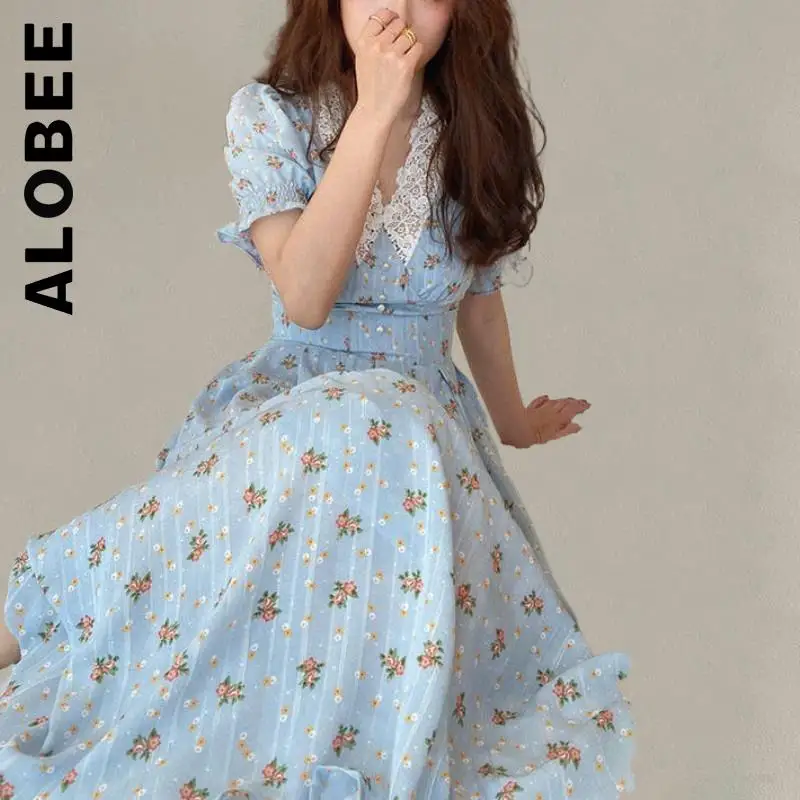 

Alobee Dress Women Fashion Lace Chiffon Korean Party Dress Puff Sleeve V Neck Midi Dress Girl Lazy Dress Woman Female Vestidos