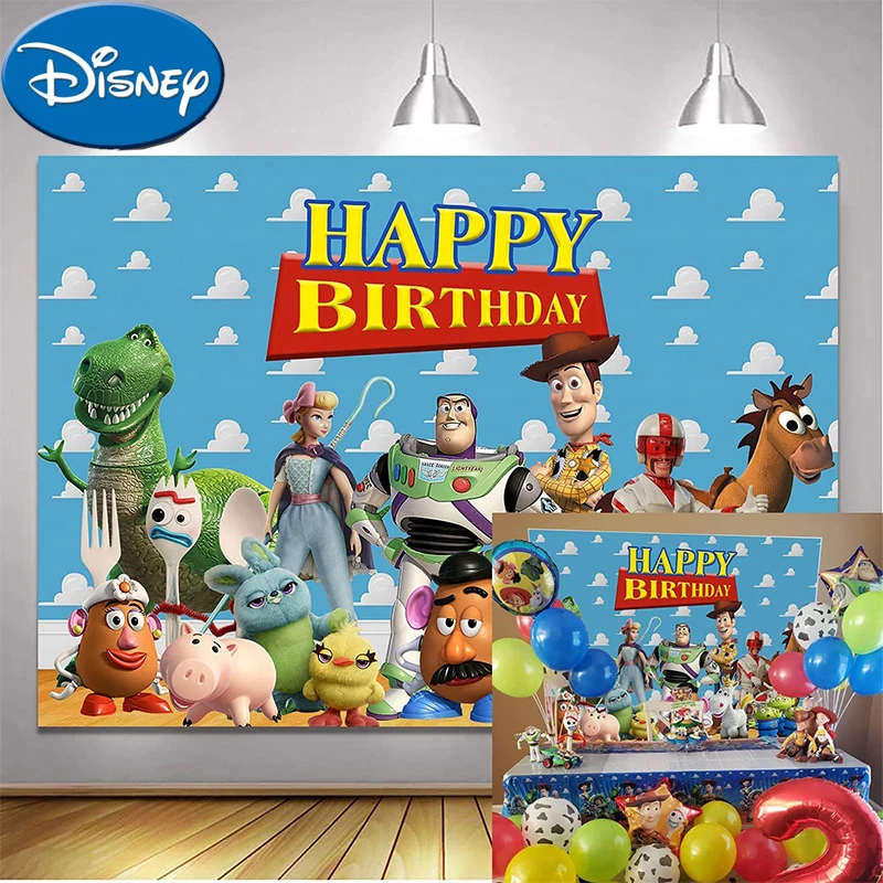 

Disney Cartoon Toy Story Birthday Banner Photo Backdrop Boys Kids Party Decor Supplies Decorations Cake Dessert