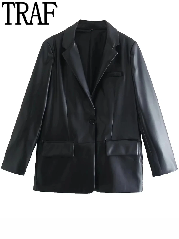 TRAF 2022 Black Faux Leather Blazer Women Masculine Women's Blazer Set Office Casual Blazer Woman Fall Long Sleeve Female Jacket