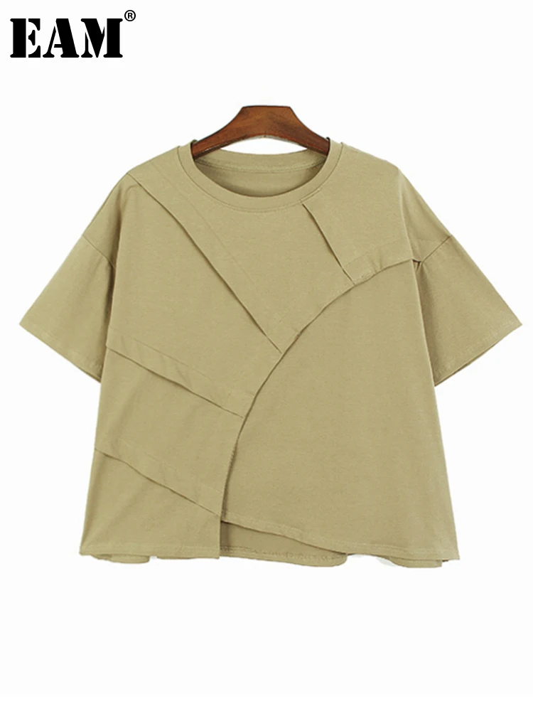 

[EAM] Women Black Pleated Irregular Big Size T-shirt New Round Neck Short Sleeve Casual Fashion Tide Spring Summer 2023 1DF9015