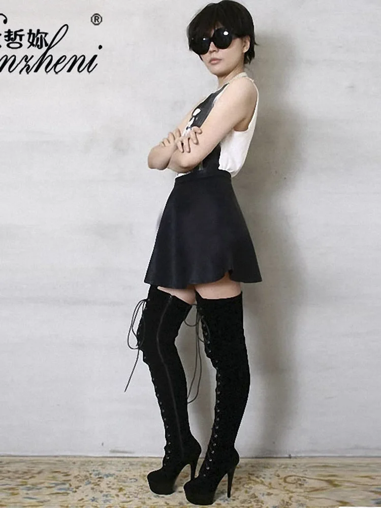 Winter Girl Female Work Shoes Flock Lace Up Thick Over The Knee Boots 6 Inch High Heel Boots Party Shoes 15cm Long Boots Stage