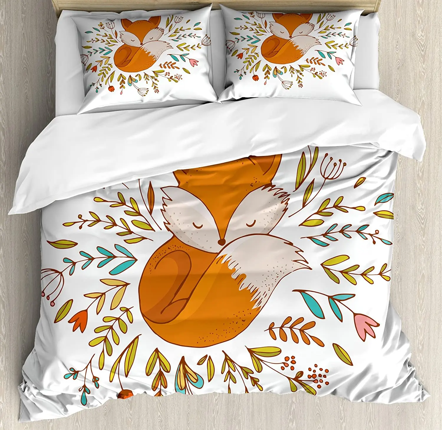 

Cartoon Bedding Set For Bedroom Bed Home Cute Baby Fox Sleeping in a Floral Made Bed Circl Duvet Cover Quilt Cover Pillowcase