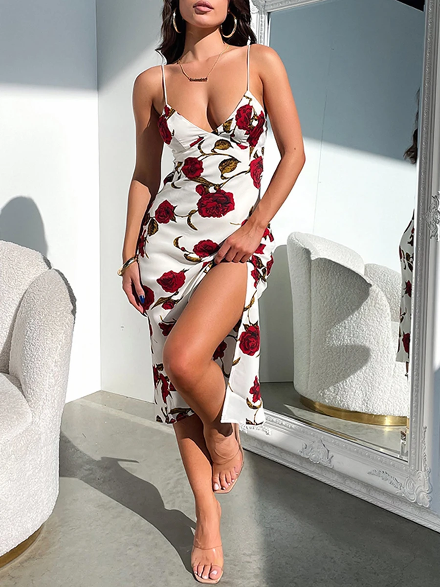 

Women Y2K Floral Printed Square Neck Low Cut Split Long Dress Slim Fit Beach Sundress Summer Streetwear(J3-Floral V
