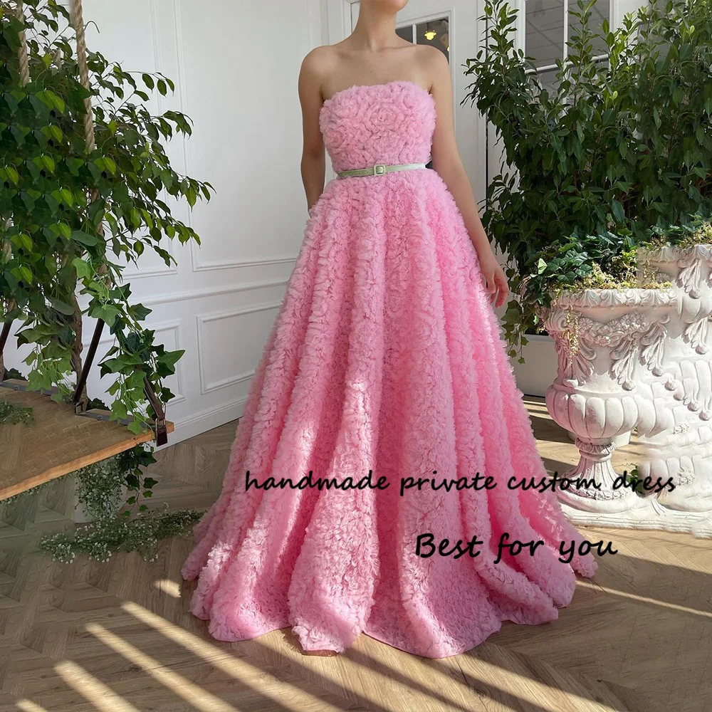 

Pink Pleats Tulle A Line Evening Party Dresses Strapless Long Celebrate Event Dress Customized Fairy Evening Prom Gowns