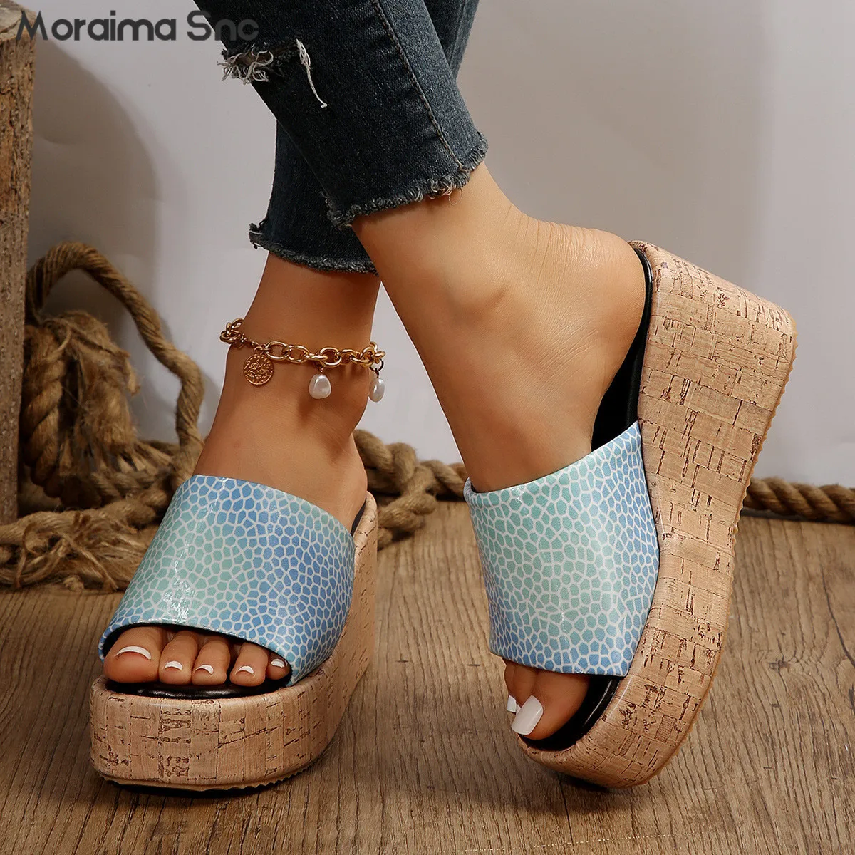 Blue and White Plaid Thick-Soled Slippers Round Toe Wedge Open Toe High-Heeled Sandals Leisure Beach Vacation Women's Shoes